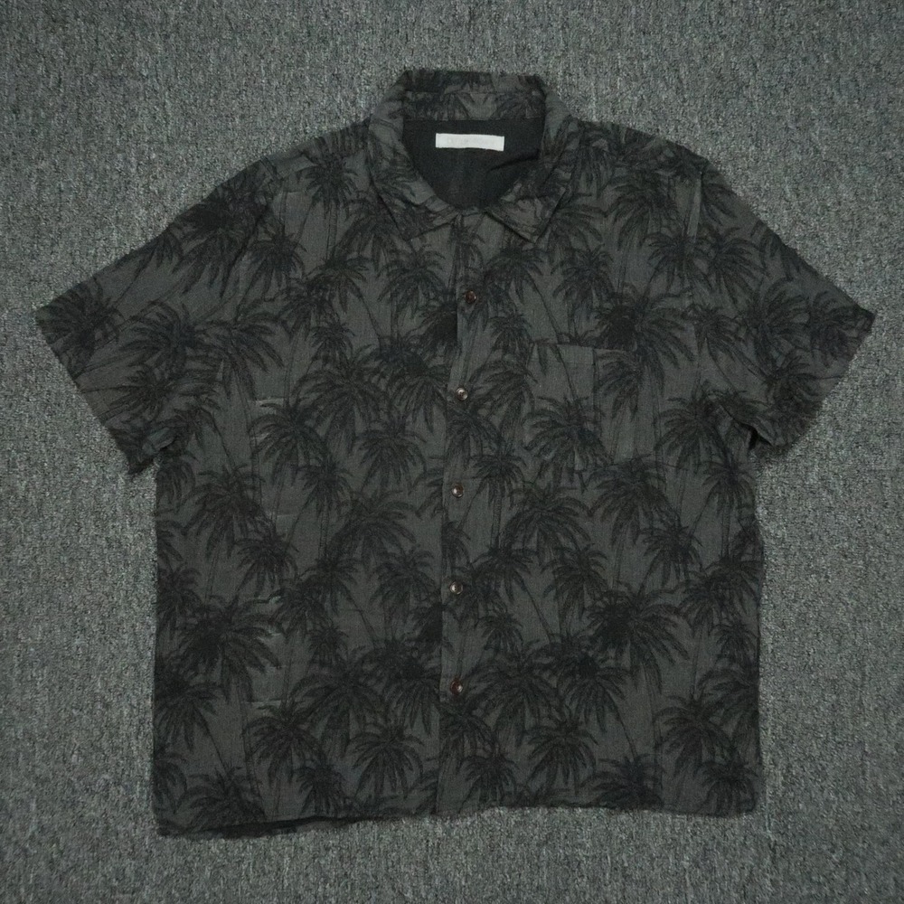 Outerknown Shirt Men Large Gray Black Linen Short Sleeve Button Palm Tree Floral